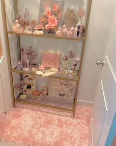 a shelf filled with lots of pink and white items on top of a carpeted floor