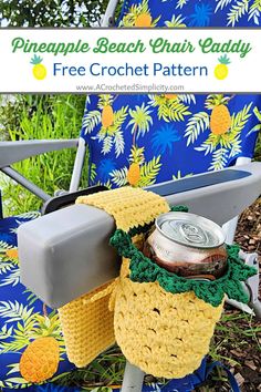 a crochet pineapple beach chair buddy is sitting on a lawn chair with a cooler in it