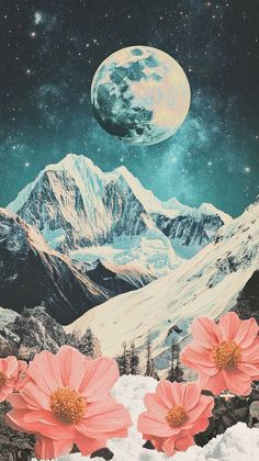 a painting of mountains and flowers with the moon in the background