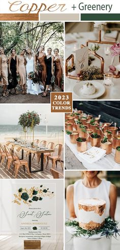 a collage of photos with flowers, greenery and wedding cake on it's table