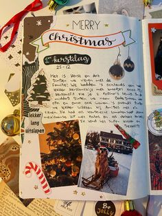 an open christmas scrapbook with pictures and ornaments