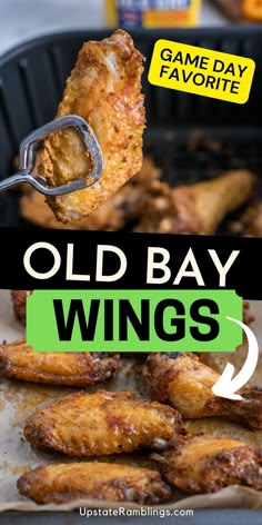 an old bay wings is being served in a frying pan with the words old bay wings above it