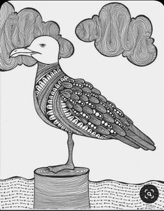 a black and white drawing of a bird sitting on top of a tree stump with clouds in the background