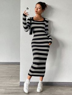 Striped Pattern Scoop Neck Sweater Dress Multicolor Casual  Long Sleeve Fabric Striped  Medium Stretch Spring/Fall Women Clothing, size features are:Bust: ,Length: ,Sleeve Length: Long Bodycon Dress Outfit, Body Con Dress Outfit, Bodycon Sweater, Bodycon Sweater Dress, Clothing Model, Striped Bodycon Dress, Striped Sweater Dress, Long Sweater Dress, Long Bodycon Dress