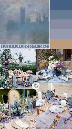 blue and purple wedding decor ideas with flowers on the table, candles in vases