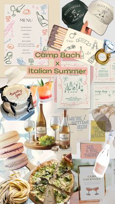 a collage of italian food and wine with the words camp bach italian summer written on it