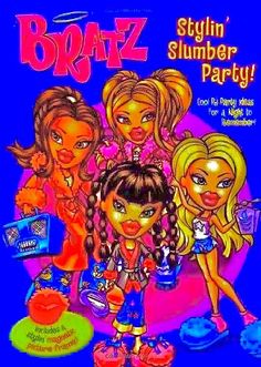 an advertisement for the bratz slumber party featuring girls with different hair styles