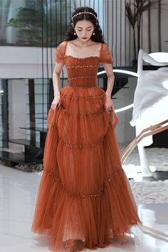 Princess Rust Beaded A-line Long Formal Dress Formal Prom Dresses Long, Long Formal Dress, Fantasy Dresses, Tulle Ball Gown, Tulle Prom Dress, Prom Dresses Lace, Prom Dresses Blue, Formal Dresses Prom, Rust Color