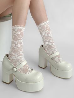 These exquisite lace socks are a must-have for any fashionista. The delicate rosette pattern adds a touch of sophistication to any ensemble, while the see-through design lends a playful and flirty vibe. Perfect for pairing with Lolita or Kawaii-inspired outfits, these socks are a versatile addition to your wardrobe.   Please note that this product includes one pair of socks. Coquette Socks, White Lace Socks, Rosette Pattern, Goth Shoes, Concert Fit, Steampunk Fashion Male, Gothic Skirts, Cute Shoes Heels, Lace Socks