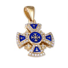 "Jerusalem Cross Pendant Gold 14K with 56 Diamonds and Blue Enamel The amazingly beautiful Jerusalem Cross pendant is a stunning piece of jewelry that reminds of the glory of God and the good deeds that are done in his honor. The item is crafted from 14k gold and set with sparkling diamonds. The center of the composition is covered with blue enamel and graceful ornamentation of lilies. This combination reminds of the purity of the soul and good Christian thoughts. The reverse side of the charmin Christian Thoughts, The Glory Of God, Glory Of God, Pretty Pendant, Gold Cross Pendant, Christian Jewelry, Good Deeds, Cross Jewelry, The Glory