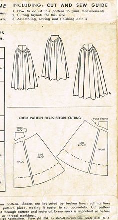 an old sewing pattern for a skirt with pleating on the front and back, showing how to cut and sew