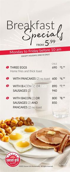 the breakfast specials are available at sunset grill on sunday, march 1 and friday 3