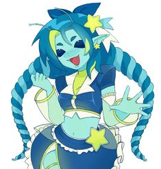 a cartoon character with blue hair and stars on her face, holding two hands up in the air