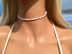 White Choker Necklace - Boho Choker Necklace - Bohemian Necklace - Beach Jewelry - Bridal Choker - B White Beaded Choker For Vacation, Adjustable White Choker For Festival, Trendy Adjustable Choker For Vacation, Adjustable Trendy Choker For Vacation, White Summer Beach Choker, White Strand Choker, Trendy White Choker For Vacation, Casual White Beach Choker, White Casual Choker For Vacation