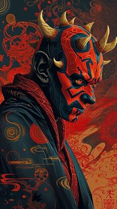 a painting of a demon with horns on his head