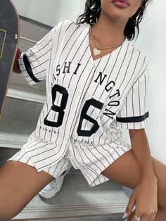 Multicolor Sporty  Short Sleeve Polyester Letter,Striped  Embellished Medium Stretch  Women Co-ords Top Shorts Set, Sporty Shorts, Drop Shoulder Tee, Cycling Shorts, Art Anime, Short Set, White Casual, Shorts Set, Two Piece Outfit