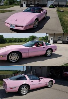 the pink car is parked on the side of the road in front of a house