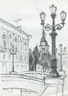 a pencil drawing of a street light and lamp post in the city with buildings behind it