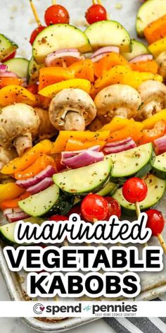 vegetable kabobs on a tray with text overlay