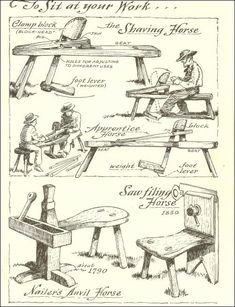 an old drawing shows different types of benches and stools in various stages of construction