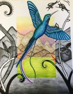 a drawing of a hummingbird flying in the sky with mountains and trees behind it