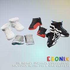 four pairs of sneakers with different colors and sizes are shown in this advertisement for ebonix