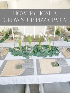 an image of a table setting with flowers and place settings for a grown up pizza party