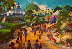 the entrance to disneyland's animal kingdom is painted with flowers and trees, while people walk through it