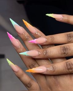 spring insipired nails . #springsweetsweek #nailinstagram Crazy Stilleto Nails, Gelx Apres Nail Designs Summer, Vibrant Vacation Nails, Summer Nails Pointy, Colorful Stiletto Nails, Stilleto Nail Idea, Purple Stiletto Nails Design, Long Colorful Nails, Summer Nails Stiletto