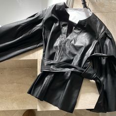 New With Tags- Beautiful Leather Top. Black Faux Leather Long Sleeve Top, Sleek Black Faux Leather Tops, Elegant Faux Leather Top For Party, Chic Black Leather Top, Elegant Leather Tops For Office, Navy Drapes, Wrap Tank Top, Animal Print T Shirts, Leather Peplum