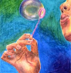 a drawing of a man blowing bubbles on his finger and another hand reaching for it