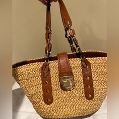 Michael Kors Santorini Straw Bag! Used Twice And In Great Condition! $298 Brand New 20” L X 11” W X 9” H Designer Beige Bags With Braided Handles, Designer Brown Bags For Vacation, Designer Everyday Straw Tote Bag, Designer Straw Tote Bag For Everyday, Luxury Natural Bags With Gold-tone Hardware, Elegant Straw Bag With Gold-tone Hardware For Daily Use, Designer Brown Shoulder Bag For Vacation, Luxury Brown Straw Bag With Gold-tone Hardware, Designer Straw Bag With Gold-tone Hardware