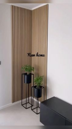 a room with two black planters and a red frame