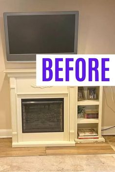 a tv sitting on top of a fireplace next to a book shelf