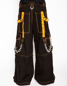 Black Punk Pants With Side Pockets, Black Cargo Pants With Chain, Harajuku Black Pants With Pockets, Yellow Techwear, Gothic Black Cargo Pants, Tripp Pants, Orange Highlights, Orange Pants