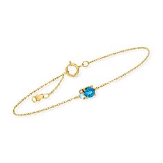 Ross-Simons - .30ct London Blue Topaz Bracelet, Swiss Blue Topaz, Diamond Accents. 6.5". RS Pure. Modern designs that complete your outfit and complement your personality. Stationed on a simple rope chain with a 1/2" extender, a .30 carat London blue topaz with a Swiss blue topaz and diamond accents shimmer in polished 14kt yellow gold. This dainty bracelet gives you the subtle dose of color your stack needs. Springring clasp, London blue topaz bracelet. Blue Topaz birthstones are the perfect gi Formal Yellow Gold Bracelets With Blue Topaz, Yellow Gold Bracelets With Blue Topaz For Gift, Yellow Gold Bracelet With Blue Topaz For Gifts, Yellow Gold Blue Topaz Bracelets Gift, Blue Birthstone Bracelets Fine Jewelry, Formal Blue Topaz Bracelets, Blue Birthstone Bracelets In Fine Jewelry Style, Formal Blue Topaz Blue Bracelets, Topaz Bracelet