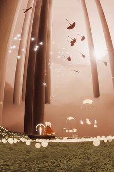 an animated scene with many objects floating in the air and on top of tall trees