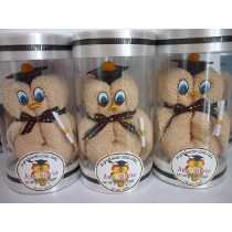 four stuffed animals in glass containers with labels on the bottom and one is wearing a mortar cap