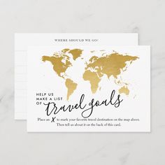 a card with the words travel goals written on it and a world map in gold foil