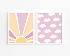 two prints with clouds and sun on them, one is pink and the other is yellow