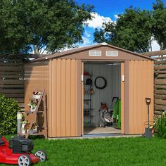 a garden shed with the door open and lawn mower nearby