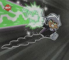 a cartoon character holding a knife in front of a green light