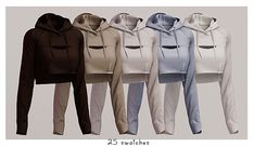 four different colored sweatshirts with hoodies on them in various colors and sizes, all lined up against one another