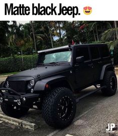 a black jeep parked in a parking lot next to some palm trees and bushes on the side of the road