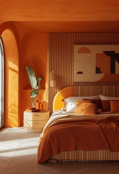 a bedroom with orange walls and an arched window