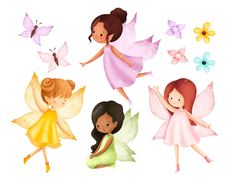 Premium Vector | Watercolor illustration set of cute garden fairy Fairy Cute Illustration, Fairy Vector Illustration, Fairy Cartoon Drawing, Cute Fairy Drawings, Fairy On Flower, Fairies Illustration, Cartoon Fairies, Fairy Watercolor