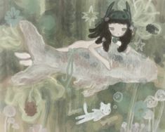 a painting of a woman floating in the air with flowers around her and a cat nearby