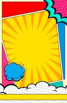 an image of pop art with clouds and sunbursts in the background,