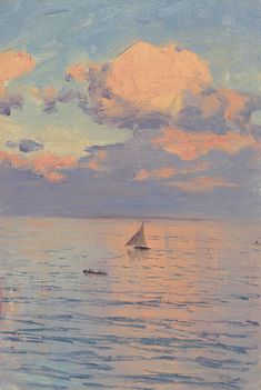 an oil painting of a sailboat in the ocean at sunset with clouds above it