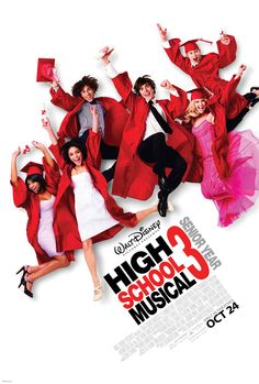 the poster for high school musical 3 is shown in red and white, with many people dressed